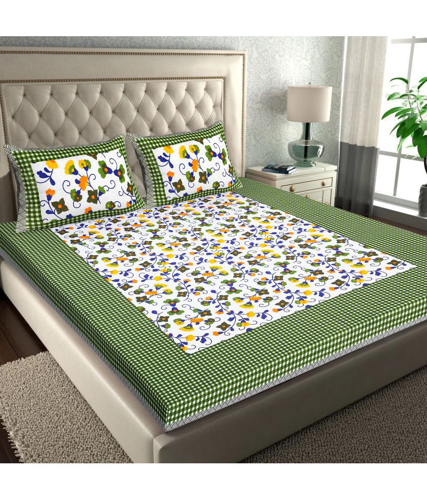     			RajasthaniKart Cotton Floral Double Bedsheet with 2 Pillow Covers - Green