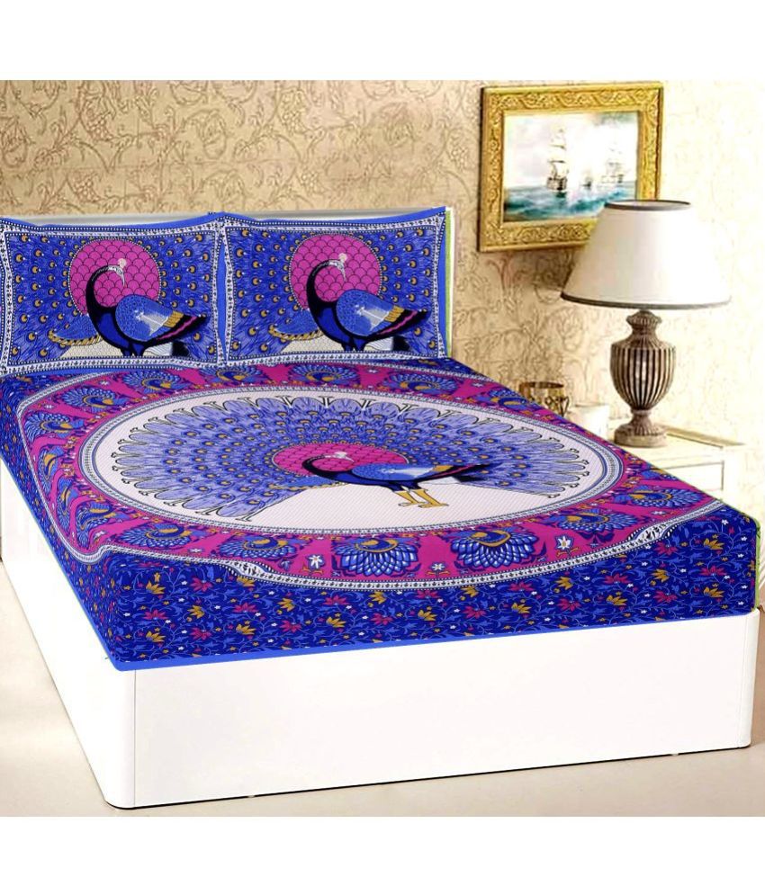     			Ethios Cotton Abstract Double Bedsheet with 2 Pillow Covers - Blue