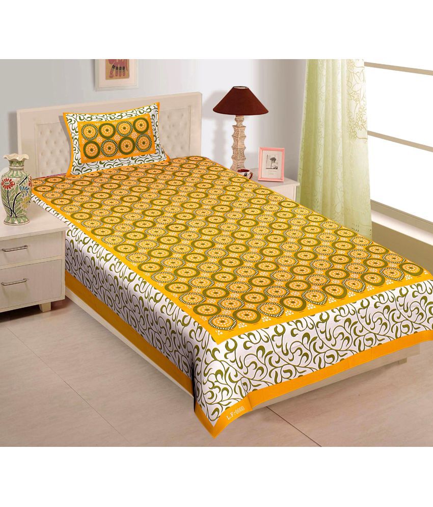     			Ethios Cotton Abstract Single Bedsheet with 1 Pillow Cover - Yellow