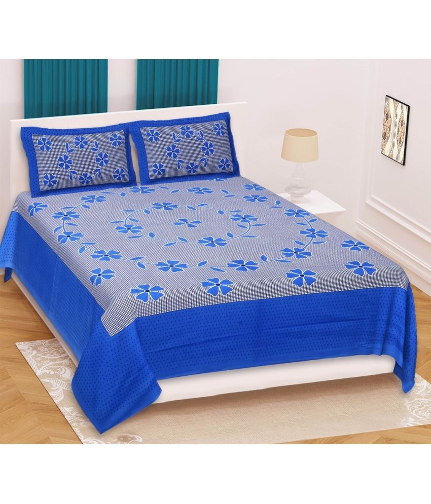     			Ethios Cotton Floral Double Bedsheet with 2 Pillow Covers - Blue