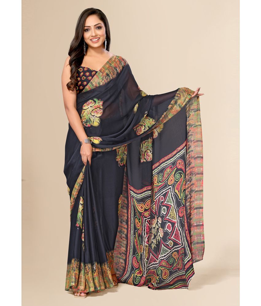     			FABMORA Chiffon Printed Saree With Blouse Piece - Black ( Pack of 1 )