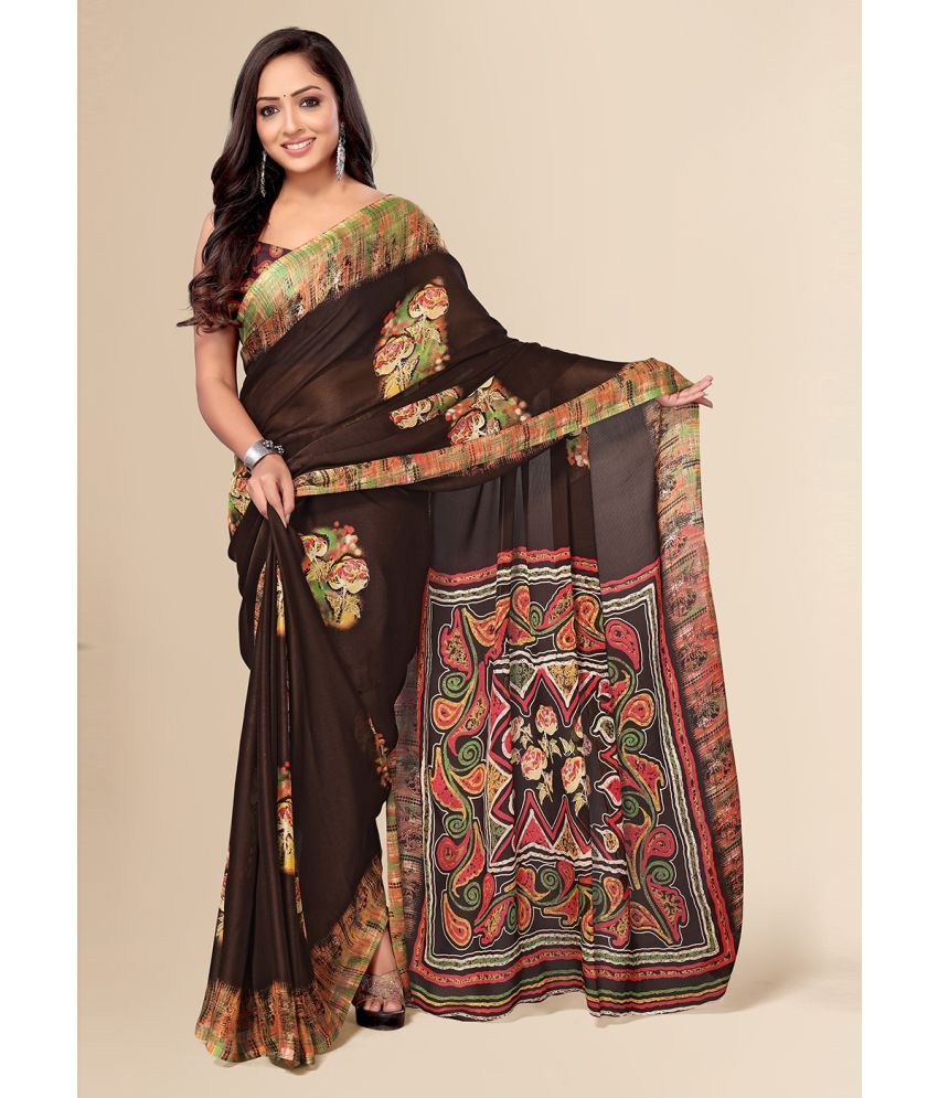     			FABMORA Chiffon Printed Saree With Blouse Piece - Coffee ( Pack of 1 )