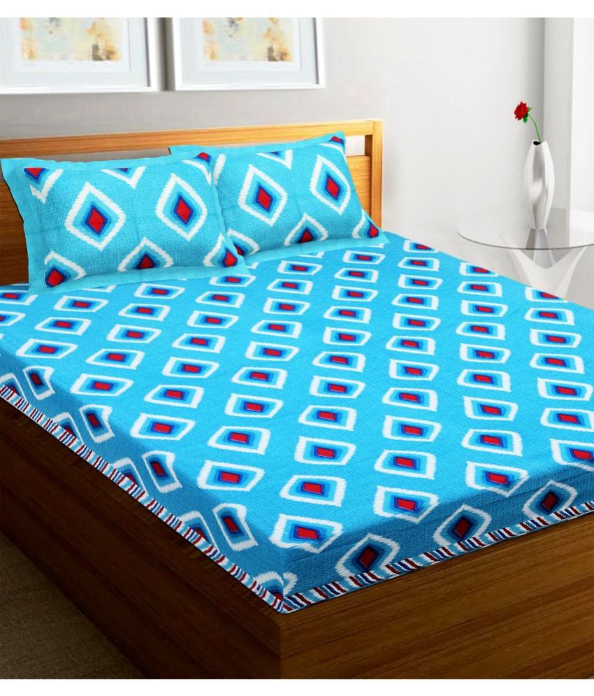     			RajasthaniKart Cotton Abstract Double Bedsheet with 2 Pillow Covers - Turquoise