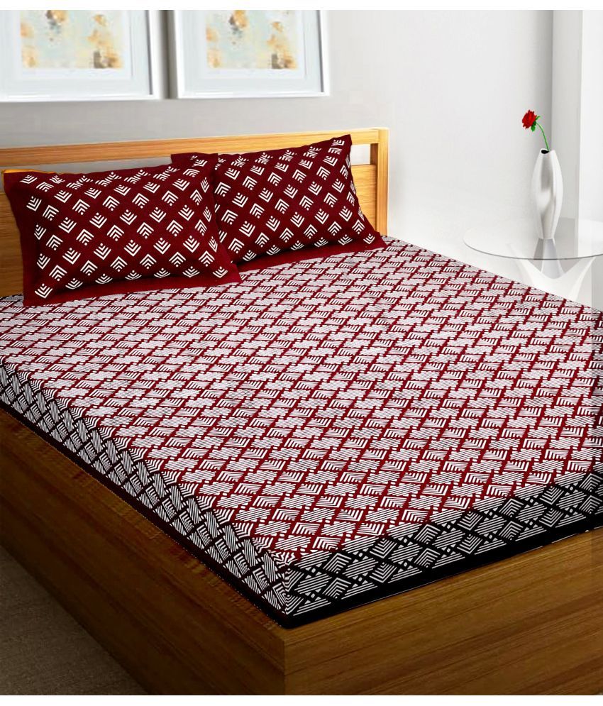     			RajasthaniKart Cotton Abstract Double Bedsheet with 2 Pillow Covers - Wine