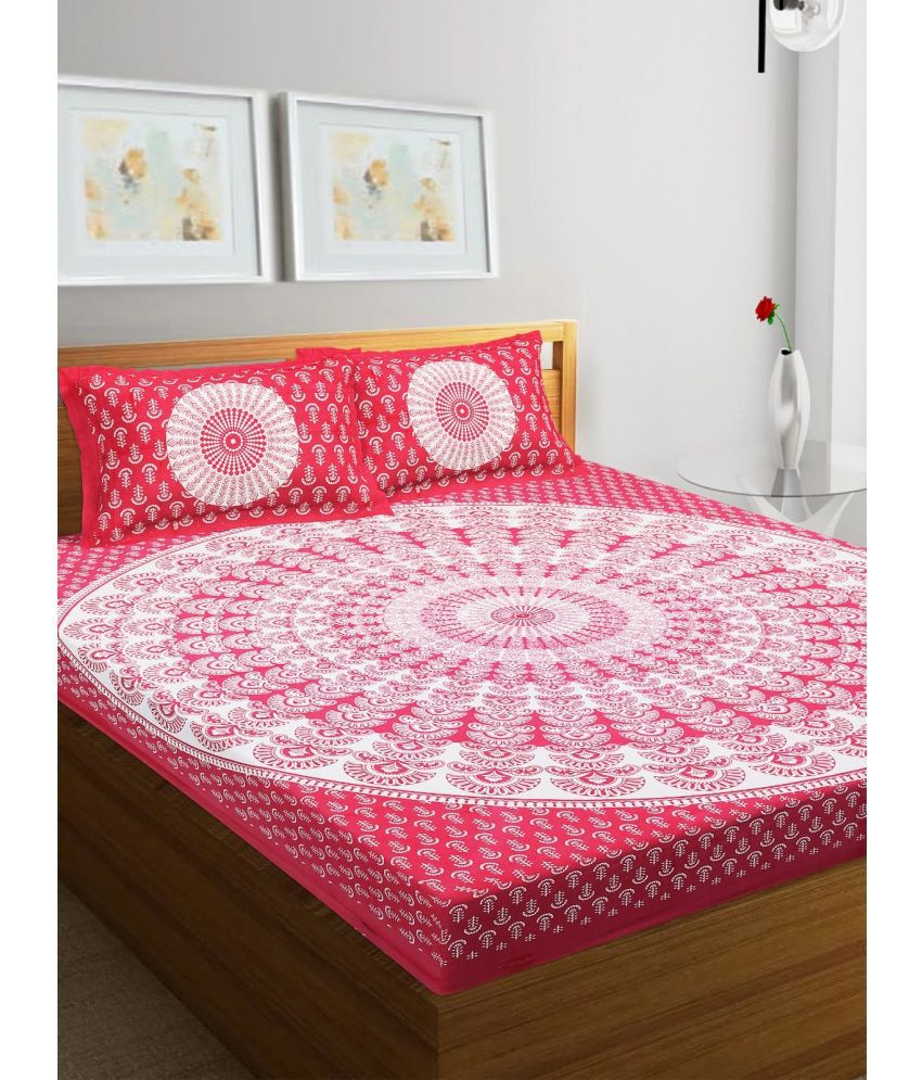     			RajasthaniKart Cotton Ethnic Double Bedsheet with 2 Pillow Covers - Pink