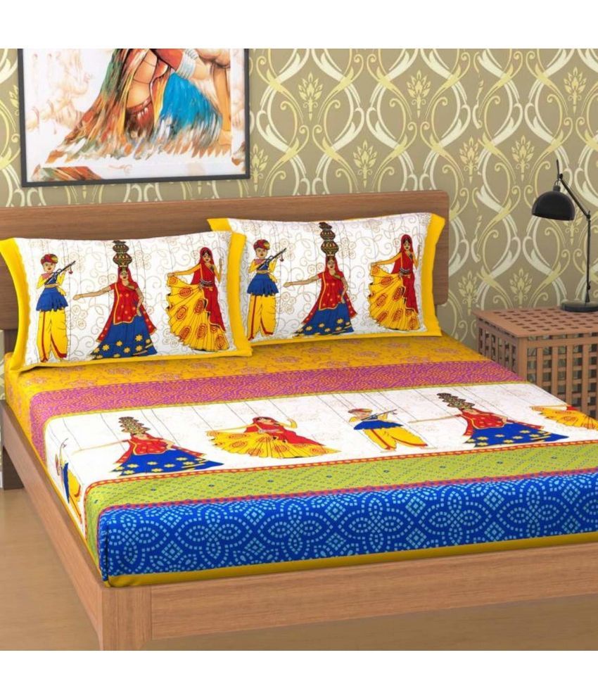     			RajasthaniKart Cotton People Double Bedsheet with 2 Pillow Covers - Yellow