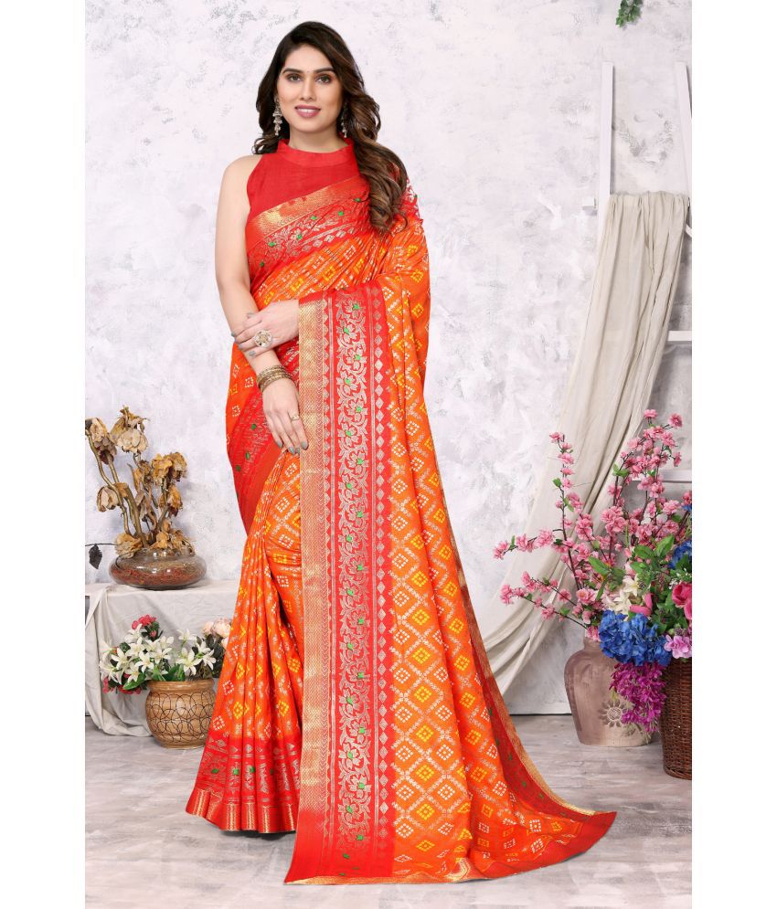     			Rangita Women Bandhej Printed Cotton Silk Saree with Blouse Piece - Orange