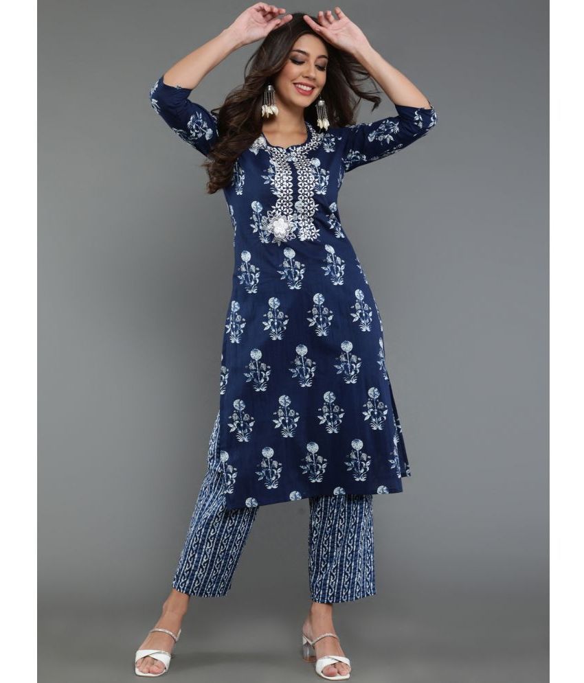     			Antaran Cotton Blend Printed Kurti With Pants Women's Stitched Salwar Suit - Blue ( Pack of 1 )
