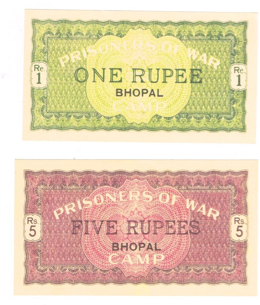     			Currency bazaar Set of 2 British India POW 1Rupee & 5 Rupees Bhopal Issue Note coupon only for school Exhibition & collection.