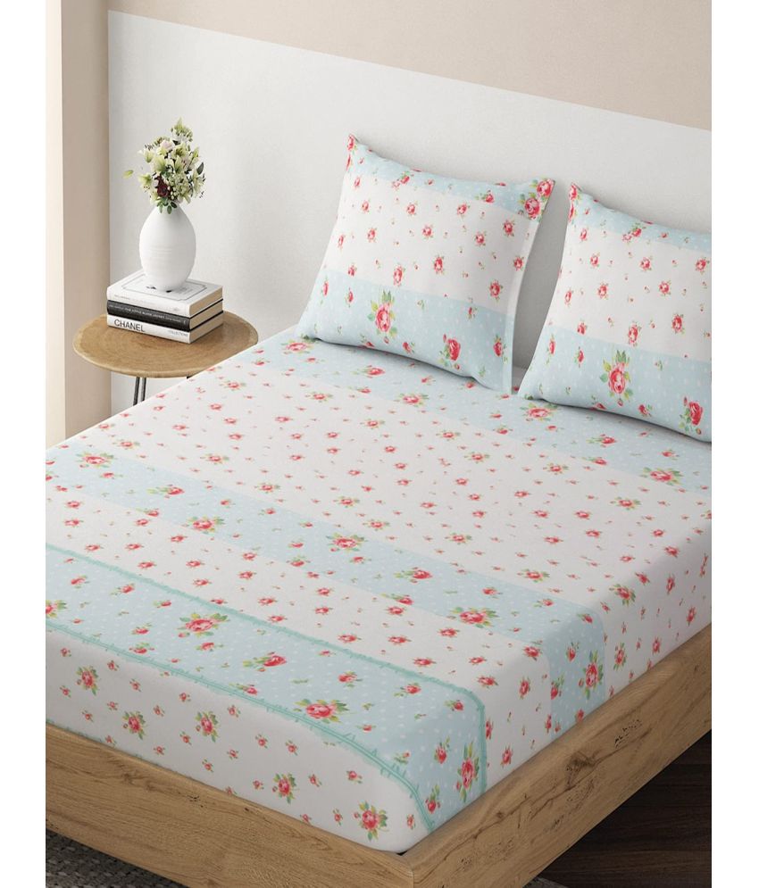     			HOKIPO Microfibre Floral Fitted Fitted bedsheet with 2 Pillow Covers ( Double Bed ) - Blue