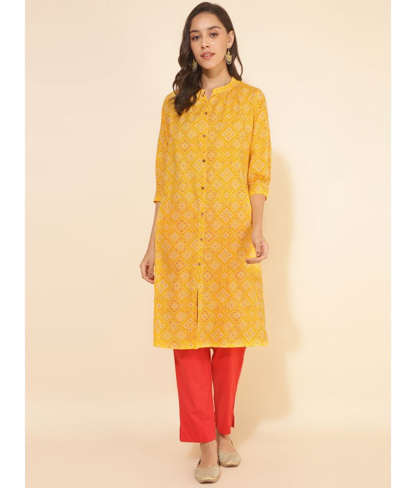     			Janasya Cotton Printed Front Slit Women's Kurti - Yellow ( Pack of 1 )