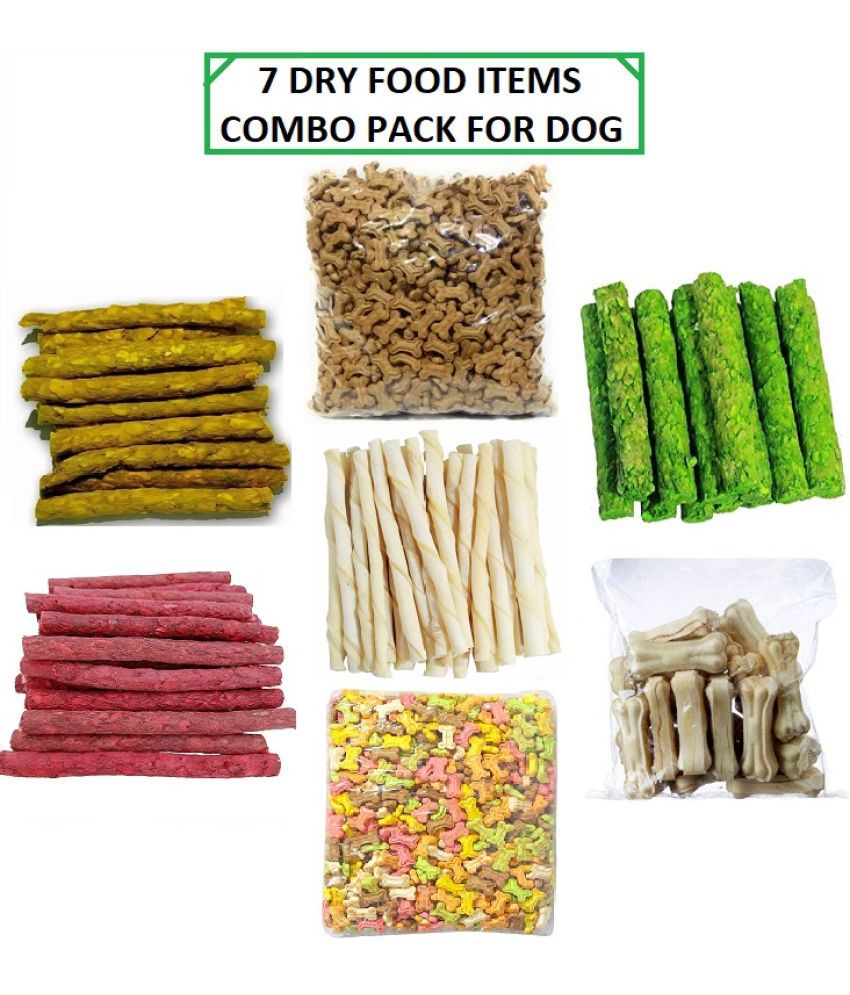     			The Treat Home 7 Dog Food Items Pack (Chicken, Mutton, Egg) Munchy Stick, Delicious Veg (Cocoa & Mix) Biscuits, White Stick, 3 Inch Bone (Each 100Gm)