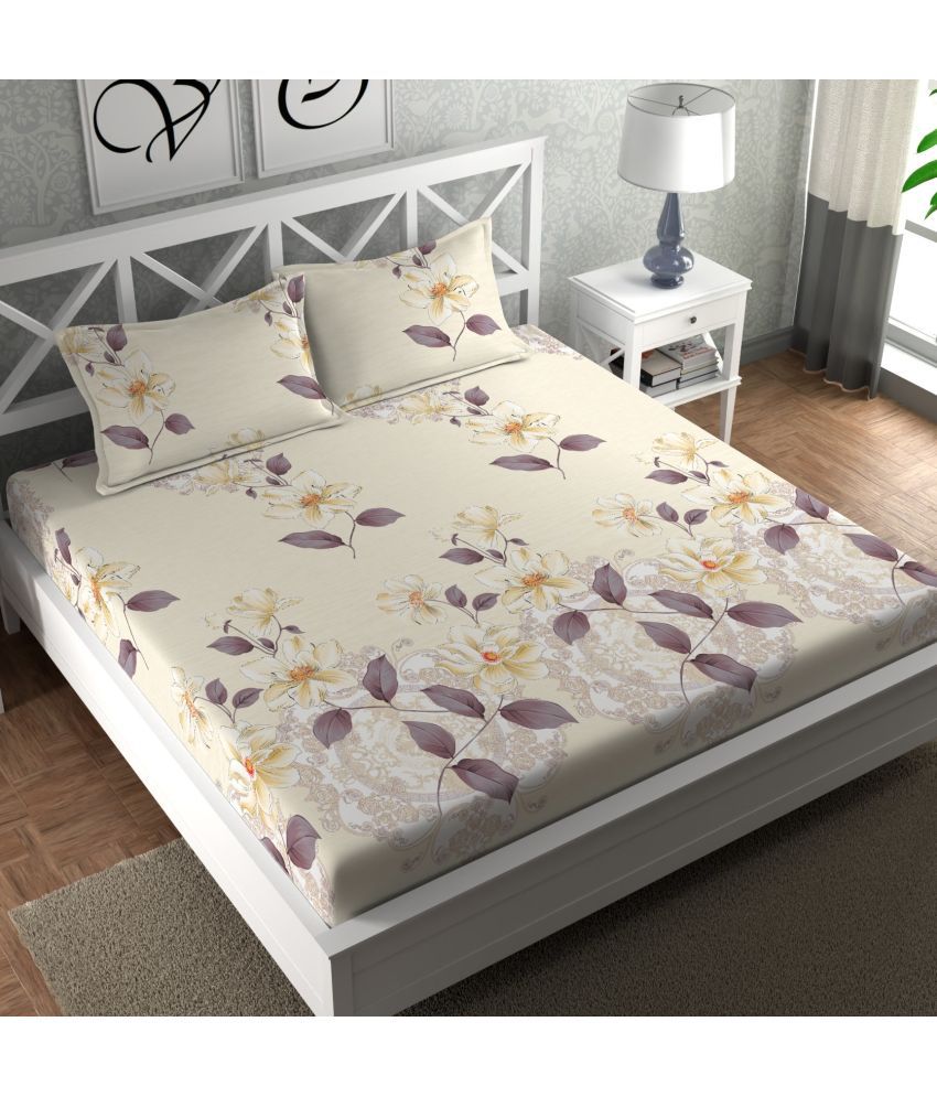     			chhavi india Poly Cotton Floral Double Bedsheet with 2 Pillow Covers - Beige