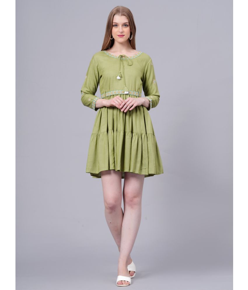     			HIGHLIGHT FASHION EXPORT Rayon Embroidered Above Knee Women's Fit & Flare Dress - Green ( Pack of 1 )