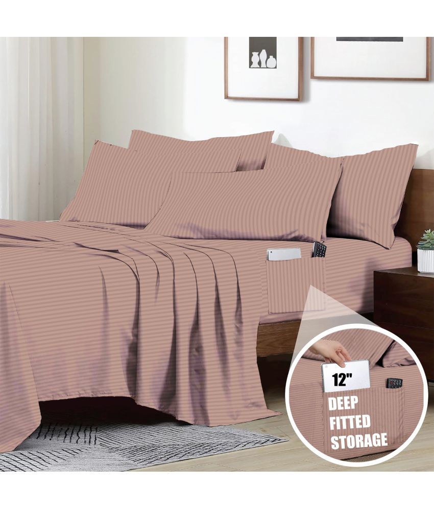     			HOMETALES Polyester Vertical Striped 1 Bedsheet with 2 Pillow Covers - Rose Gold
