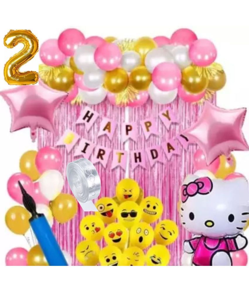     			KR 2ND HAPPY BIRTHDAY PARTY DECORATION WITH PINK WHITE GOLD BALLOON KITTY STAR CURTIAN & SMILEY BALLOON WITH ARCH