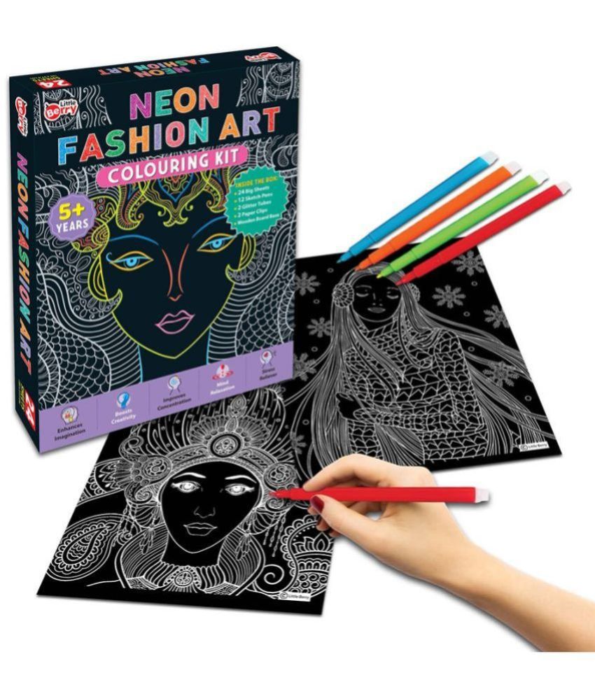     			Little Berry Neon Fashion Art Colouring Kit With 24 Big Sheets, 12 Sketch Pens and Glitter Tubes - Neon Mandala Colouring Set for Adults, Girls, Boys, Kids - Mandala Art with Wooden Board and Paper Clips - Gifting, Art & Craft and Creativity Set