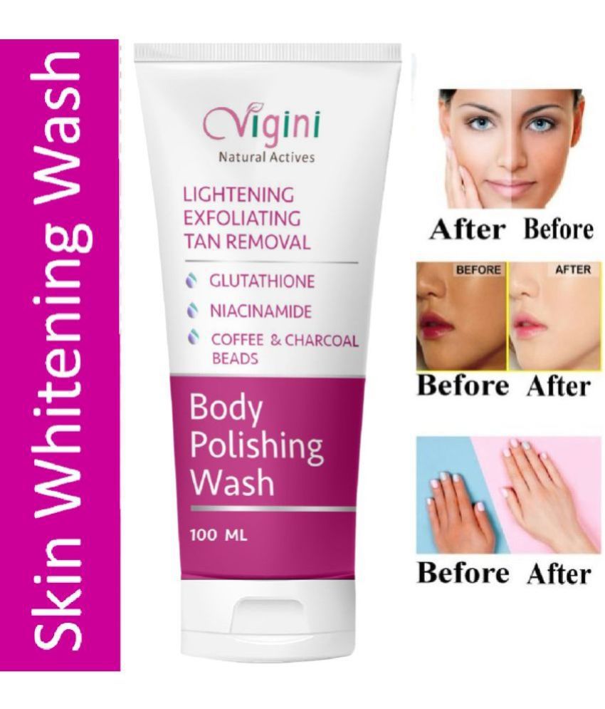     			Vigini 100% Natural Actives Skin Lightening Whitening & Body Brightening Polishing Exfoliating D-Tan Removal Scrub Gel Wash With Glutathione Niacinamide Coffee and Charcoal Beads-200ml