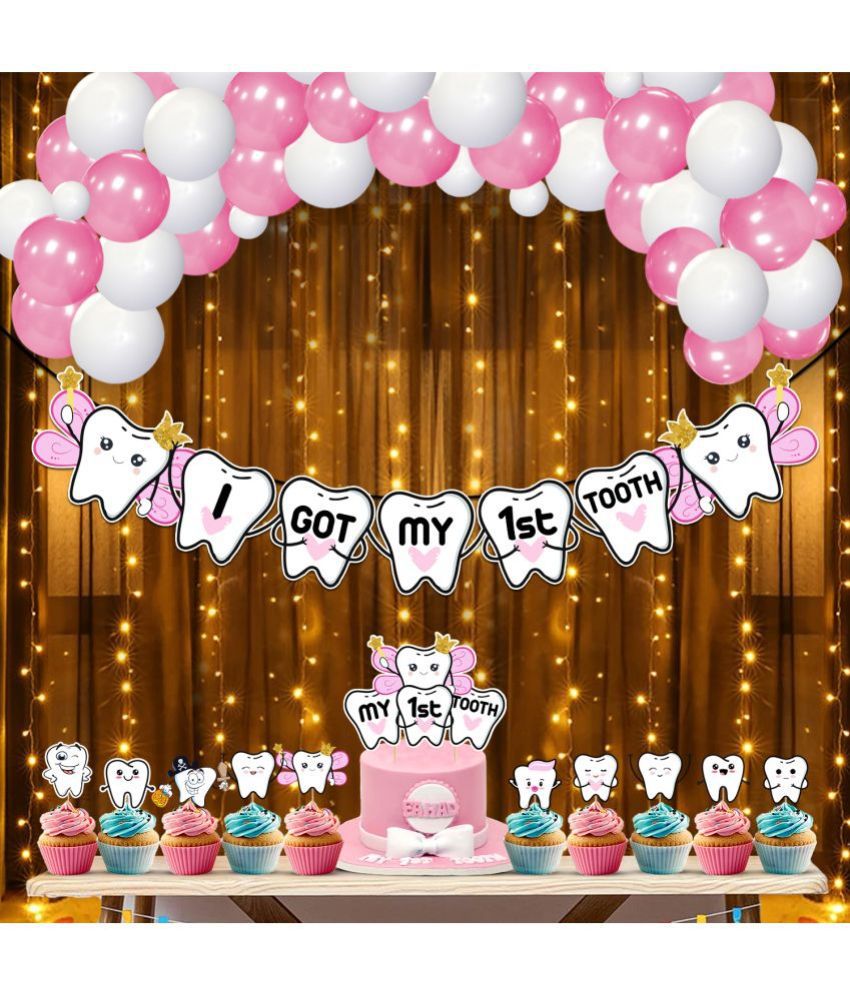     			ZYOZI I Got My First Tooth Decoration / First Tooth Decoration Items For Baby Girl - Banner, Balloons, Cupcake & Cake Topper, Rice Light (Pack Of 38)