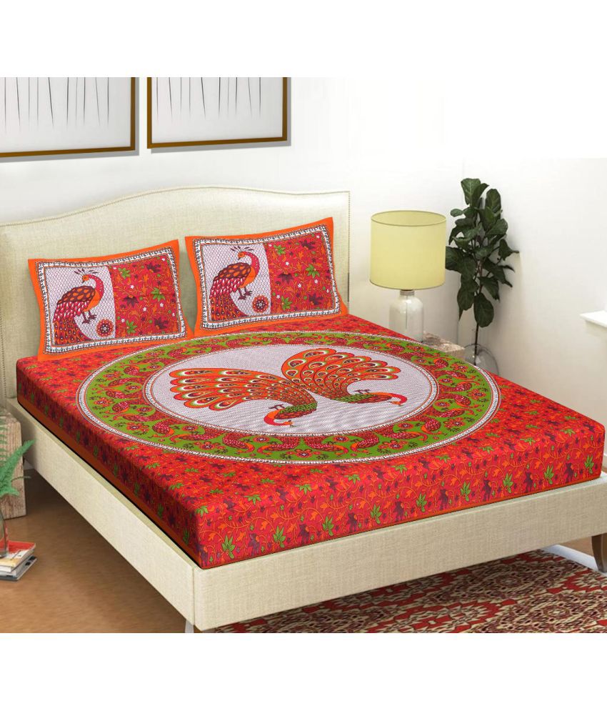     			FrionKandy Living Cotton Birds Double Bedsheet with 2 Pillow Covers - Red