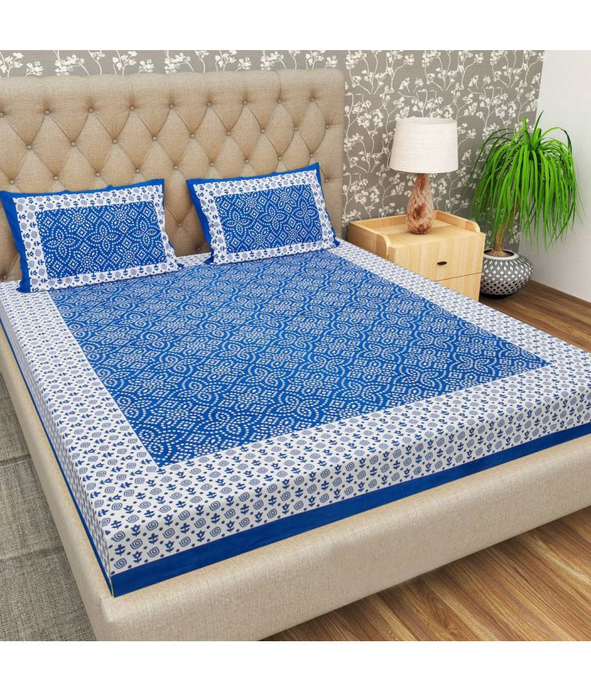     			HOMETALES Cotton Ethnic Double Bedsheet with 2 Pillow Covers - Blue