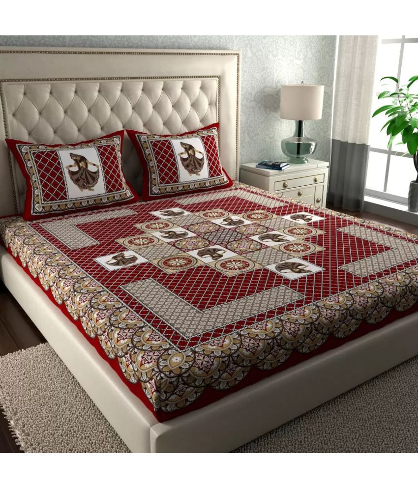     			HOMETALES Cotton Geometric Double Bedsheet with 2 Pillow Covers - Red