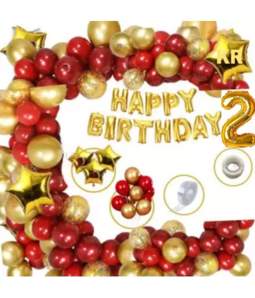     			KR 2nd Happy Birthday party Decoration Kit Combo (Pack of 73), Happy Birthday 13 Letters (Gold) + HD Metallic 10 Inch Gold & Red 50 Pcs Balloons 1Glue 1Arch 2 Number Gold foil 4pc Confetti Balloon 3 Gold Star