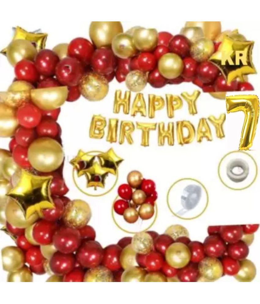     			KR 7th Happy Birthday party Decoration Kit Combo (Pack of 73), Happy Birthday 13 Letters (Gold) + HD Metallic 10 Inch Gold & Red 50 Pcs Balloons 1Glue 1Arch 7 Number Gold foil 4pc Confetti Balloon 3 Gold Star