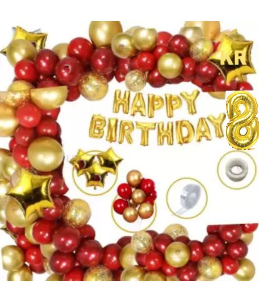     			KR 8th Happy Birthday party Decoration Kit Combo (Pack of 73), Happy Birthday 13 Letters (Gold) + HD Metallic 10 Inch Gold & Red 50 Pcs Balloons 1Glue 1Arch 8 Number Gold foil 4pc Confetti Balloon 3 Gold Star