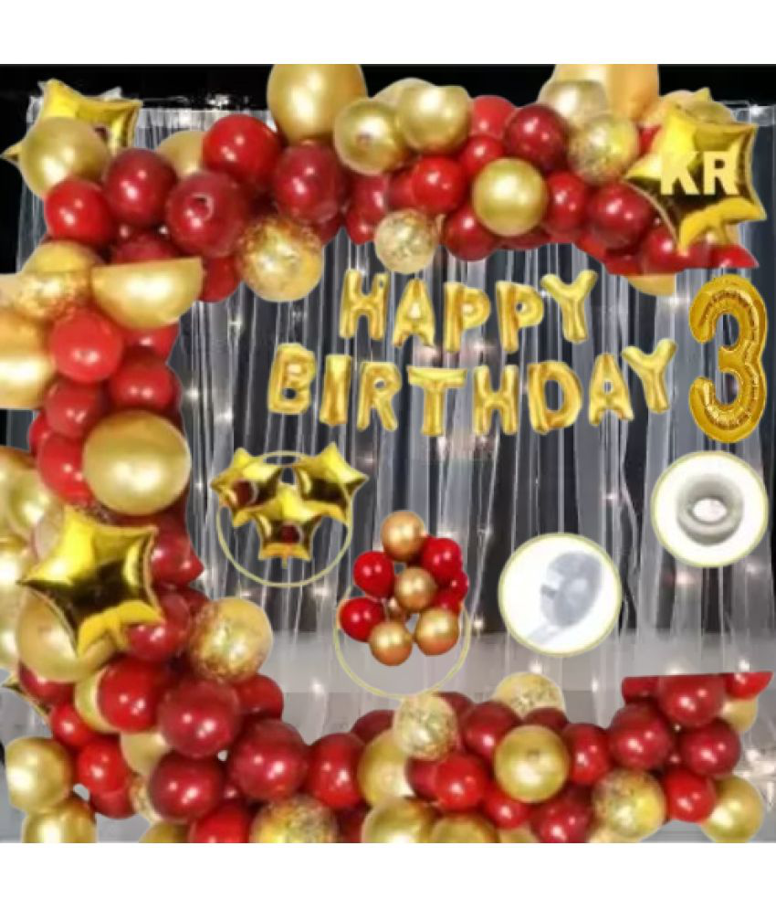     			KR 3rd Happy Birthday 13 Letters (Gold) + HD Metallic 10 Inch Gold & Red 50 Pcs Balloons 1Glue 1Arch 1 Number Gold foil 4pc Confetti Balloon 3 Gold Star 2Net curtain, 1 Light for Girl Boys Kids Baby Third Birthday Decoration,