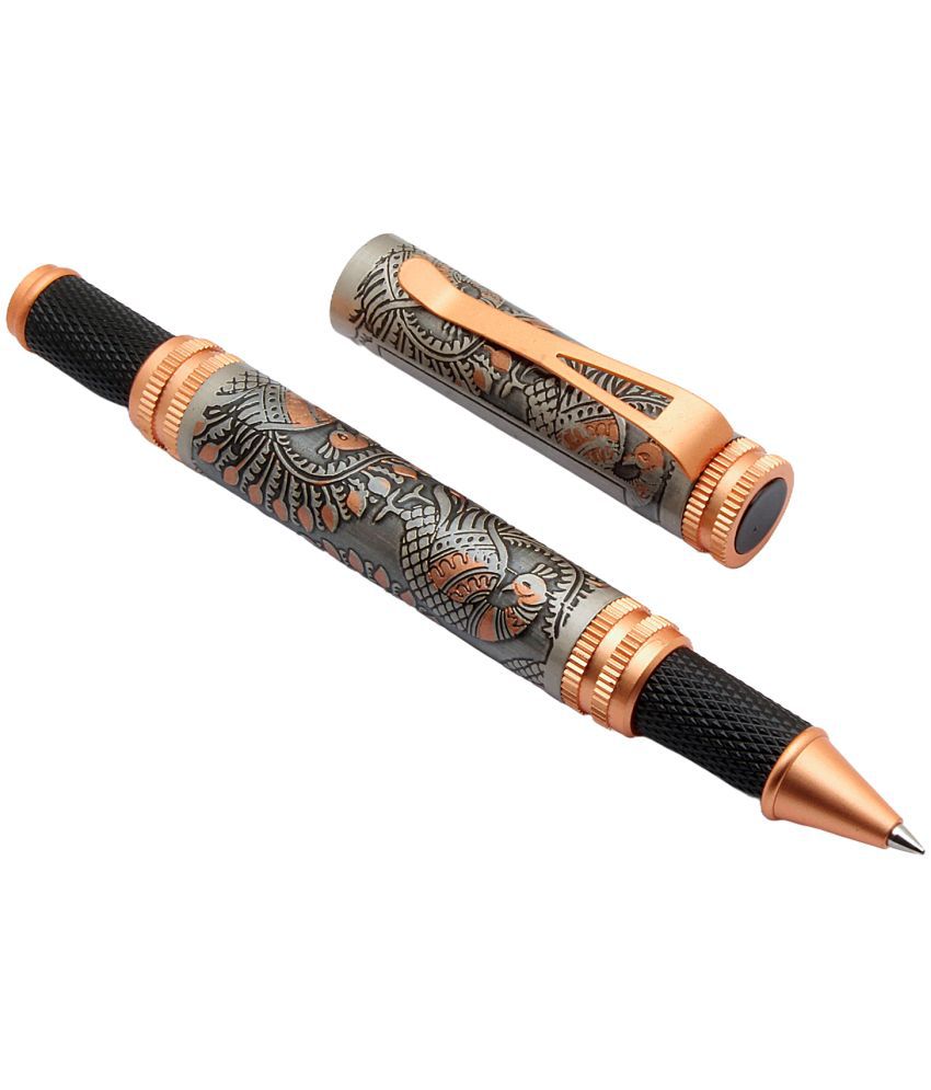     			Srpc Peacock Design Engraved On Silver Metal Body Rollerball Pen Rose Gold Trims