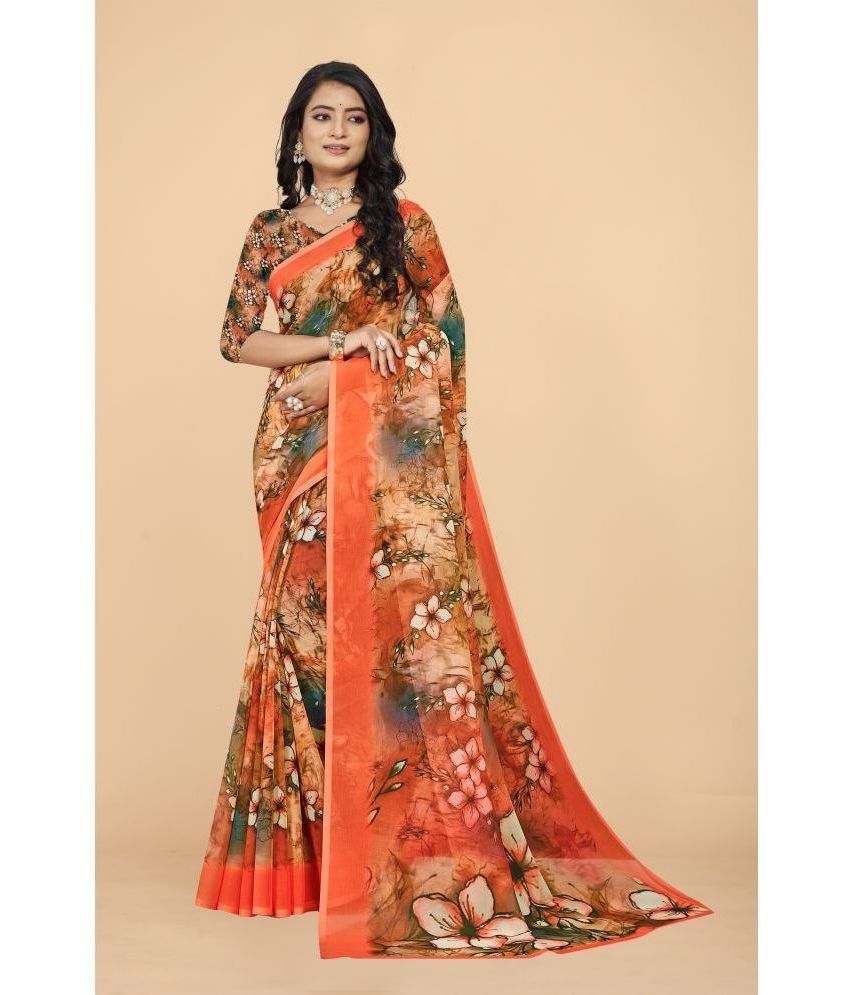     			Surat Textile Co Georgette Printed Saree With Blouse Piece - Orange ( Pack of 1 )