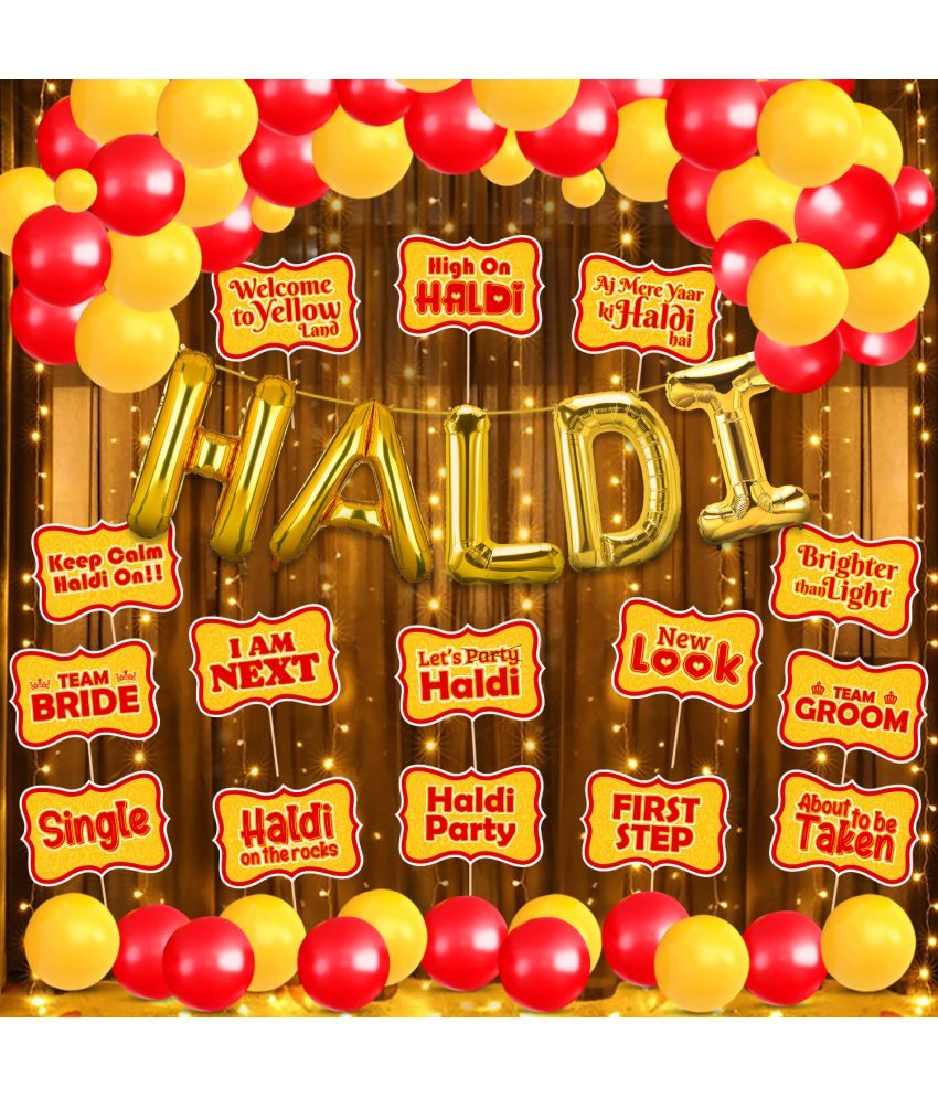     			Zyozi Haldi Ceremony Decoration / Haldi Ceremony Decoration Combo Kit - Haldi Foil Balloon, Photo Booth Props, Rice Light & Balloons (Pack Of 37)