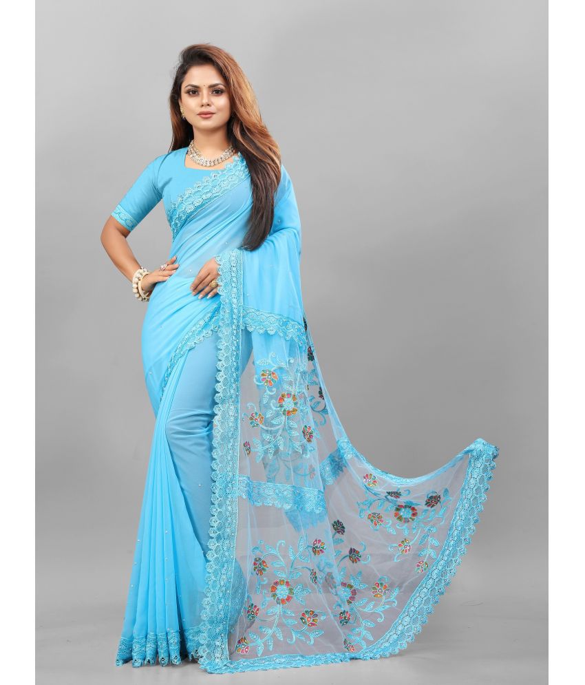     			Active Feel Free Life Satin Embroidered Saree With Blouse Piece - Turquoise ( Pack of 1 )