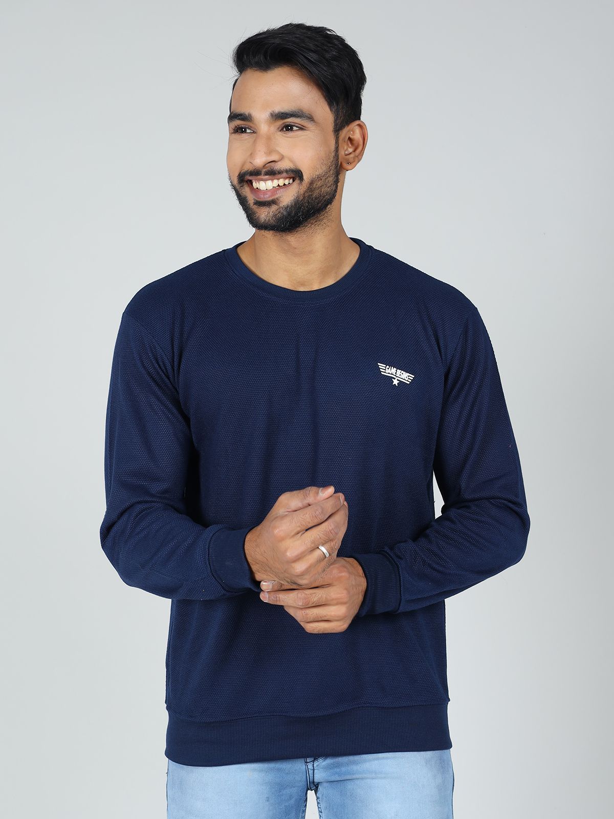     			GAME BEGINS Cotton Blend Round Neck Men's Full Sleeves Pullover Sweater - Blue ( Pack of 1 )