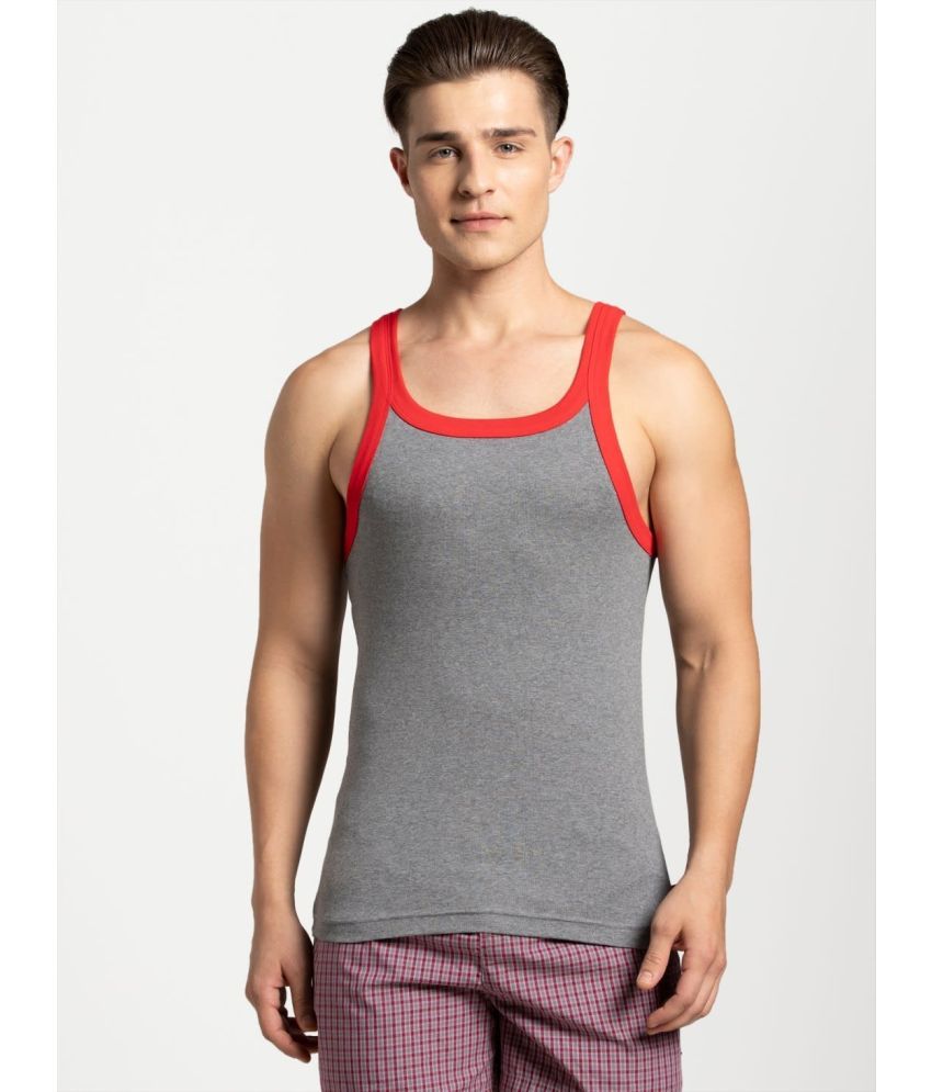     			Jockey US27 Men Super Combed Cotton Gym Vest - Mid Grey Melange & Zone Red