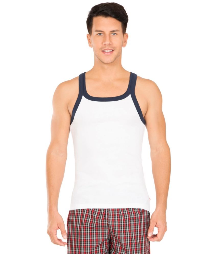     			Jockey US27 Men Super Combed Cotton Gym Vest - White & Navy