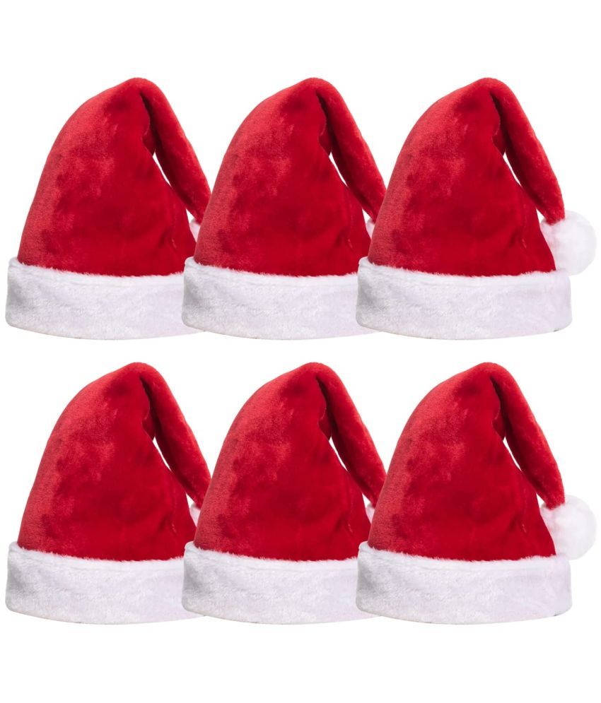     			Kaku Fancy Dresses Santa Clause Cap | Santa Hat | Santa Hat for Kids | Red Christmas Caps 6pcs Free Size  - Red