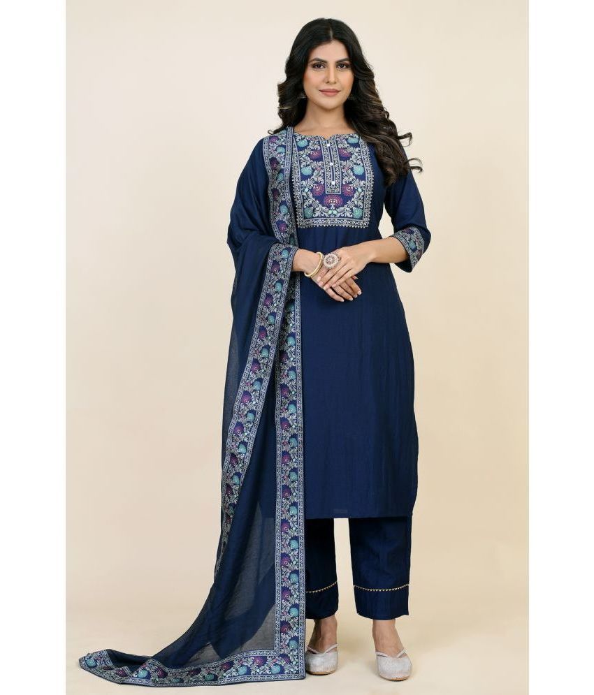     			Style Samsara Silk Embroidered Kurti With Pants Women's Stitched Salwar Suit - Navy Blue ( Pack of 1 )