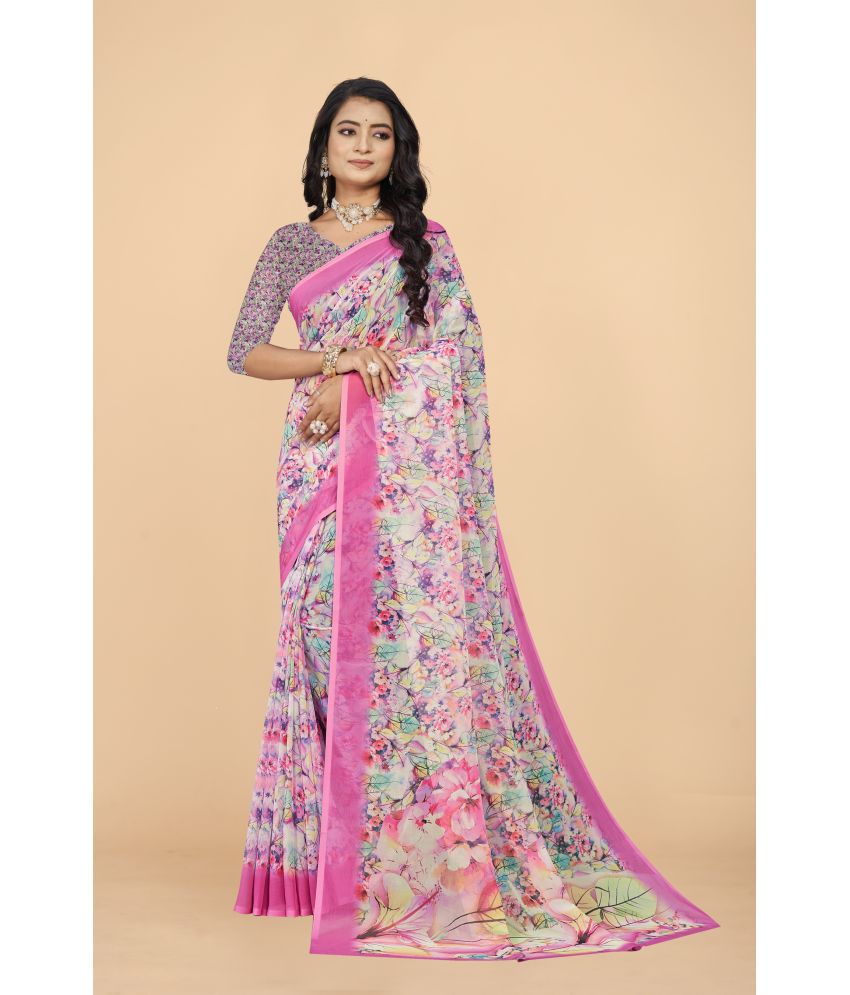     			Surat Textile Co Georgette Printed Saree With Blouse Piece - Pink ( Pack of 1 )