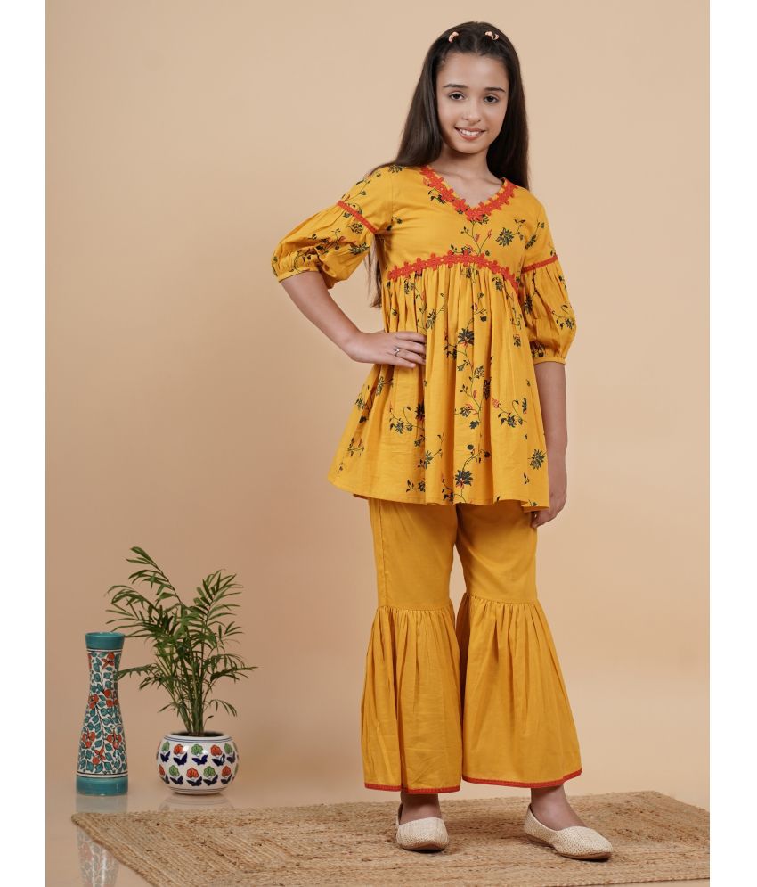     			TUNIYA Yellow Cotton Blend Girls Kurta and Sharara Set ( Pack of 1 )