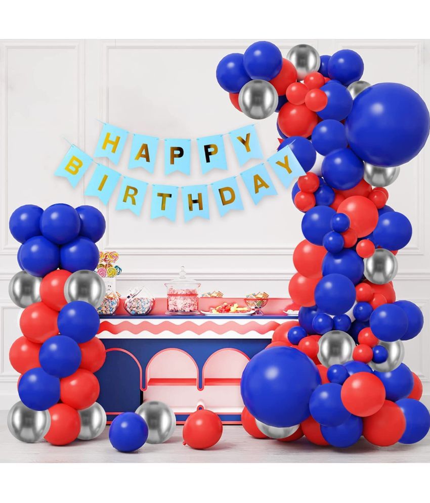     			Urban Classic Blue Red Silver Happy Birthday Decoration pack of 59 pcs - 15 Blue Balloons, 15 Red Balloons, 15 Silver Balloons, 1 Happy Birthday Banner,1 Balloon Arch strip,1 Dot Glue.
