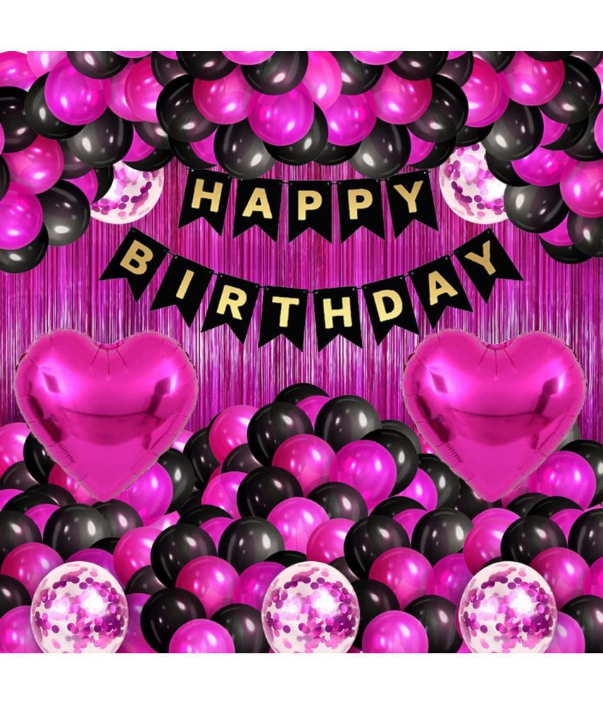     			Urban Classic Pink Black Happy Birthday Decoration pack of 61 pcs -25 Pcs Pink Metallic Balloon, 25 Pcs Black Metallic Balloon, 5 Pcs Pink Confetti Balloons, 2 Pcs Love Foil Balloons, 2 Pink Curtains, 1 Pc Black Happy Birthday Banner,1 Pc Glue Dot.