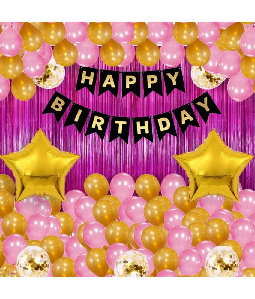     			Urban Classic Pink Gold Happy Birthday Decoration pack of 61 pcs -25 Pcs Pink Metallic Balloon, 25 Pcs Gold Metallic Balloon, 5 Pcs Gold Foil Balloons, 2 Pcs Star Foil Balloons, 2 Pink Curtains, 1 Pc Black Happy Birthday Banner,1 Pc Glue Dot.
