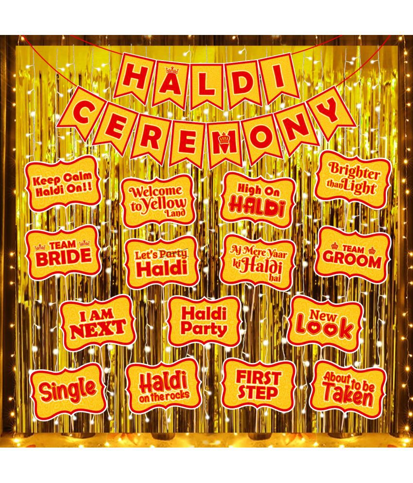     			Zyozi Haldi Ceremony Decorations for Bride | Haldi Ceremony Decorations Items - Banner, Photo Booth Props with Gold Foil Curtains & Rice Light (Pack of 19)