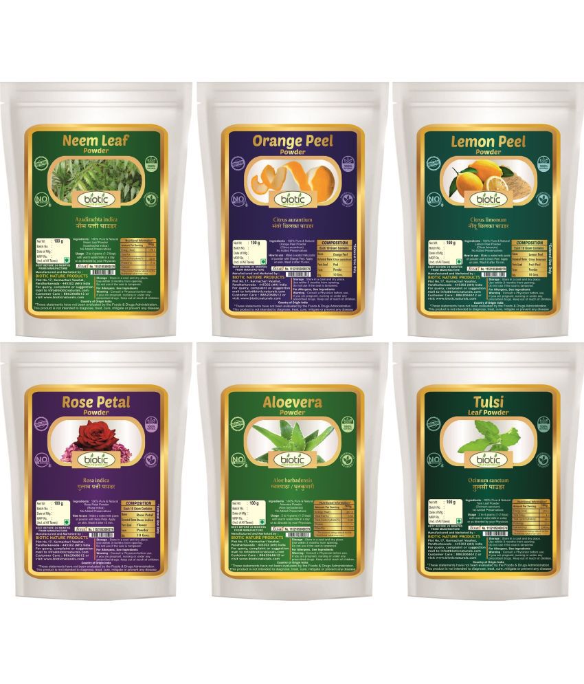     			Biotic Neem, Orange, Lemon, Tulsi, Aloevera and Rose Petal Powder (100g each) 600 gm Pack of 6