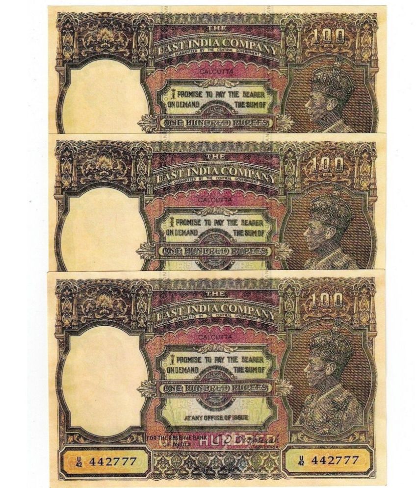     			Set of 3 East India Company C D Deshmukh 100 Rupees Eagle & Snake Artificial Fancy Note