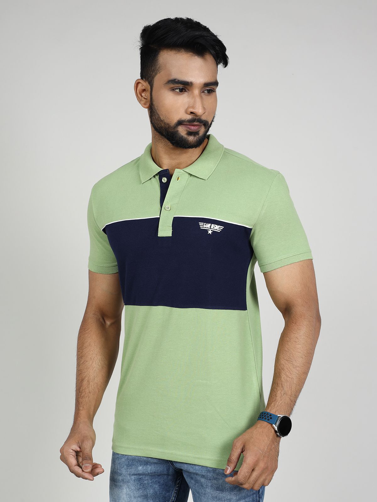     			GAME BEGINS Cotton Slim Fit Colorblock Half Sleeves Men's Polo T Shirt - Green ( Pack of 1 )