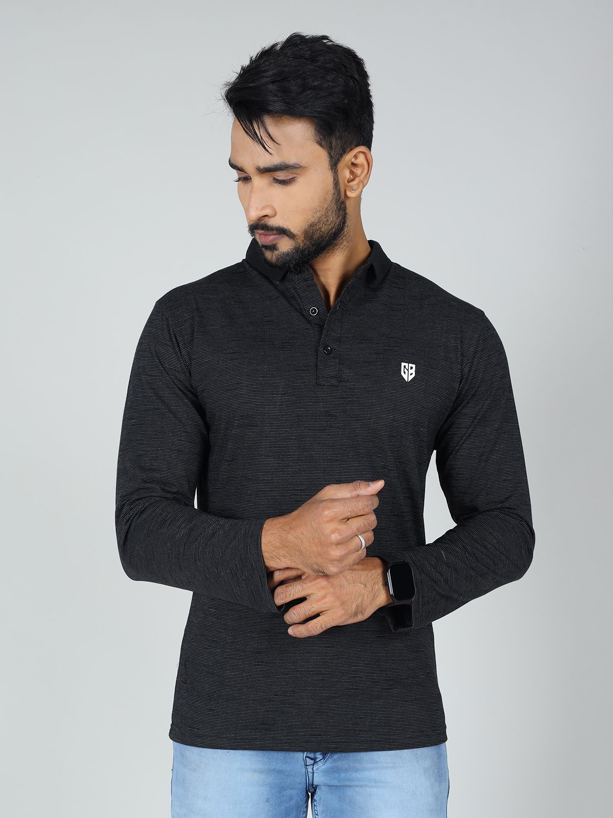     			GAME BEGINS Cotton Slim Fit Self Design Full sleeves Men's Polo T Shirt - Black ( Pack of 1 )