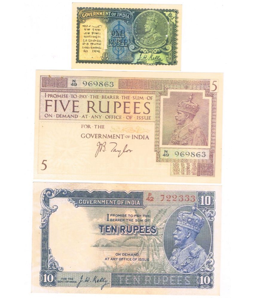     			Set of 3 Rare British India King George V 1 Rupee , 5 Rupees  & 10 Rupees Fancy note only for collection use